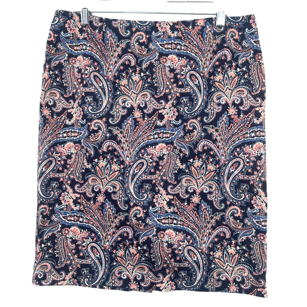 Pendleton Paisley Pencil Skirt Size 14 Blue Coral Cotton Stretch Boho Preppy